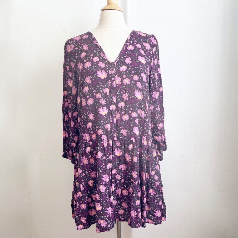 NA-KD Womens Purple Floral Print V Neck Short Shift Dress Size 38 Large L EUC
